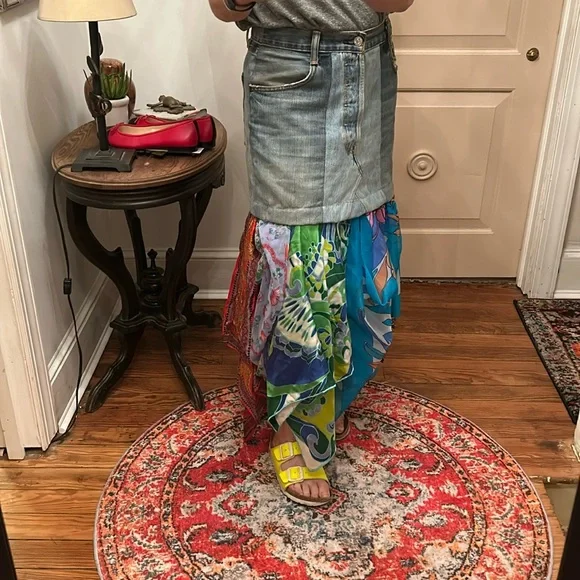 Incredible Sz 6 handcrafted denim maxi skirt with unique, curated, rare scarves - Picture 1 of 3